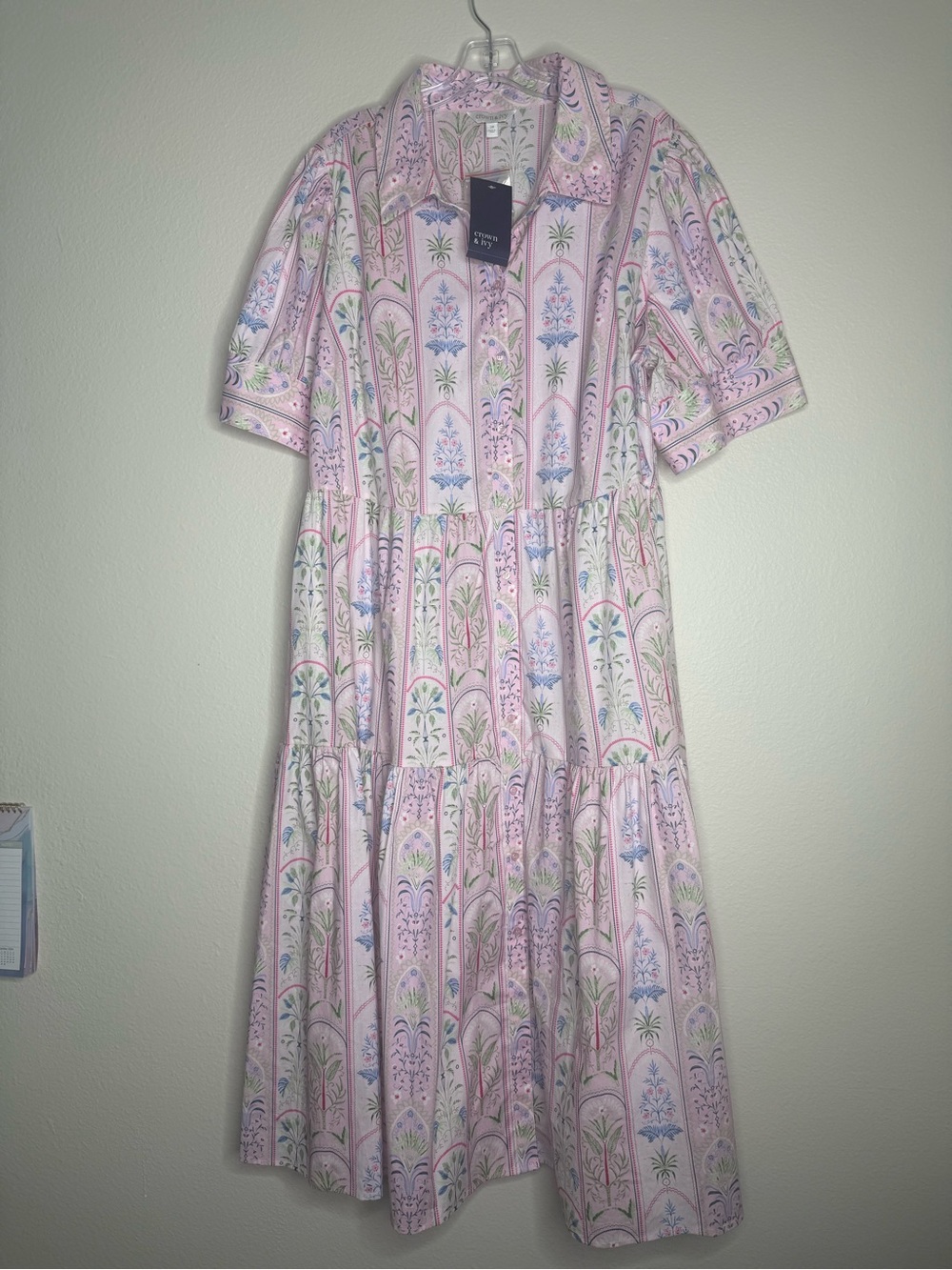 crown & ivy New Pink Floral Tiered Midi Shirt Dress NWT 3X